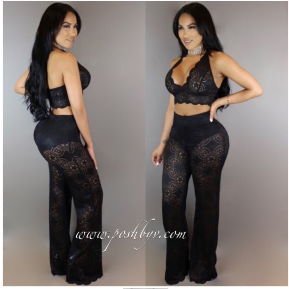 Black Two Piece Set w/Palazzo Pants & Crop Top